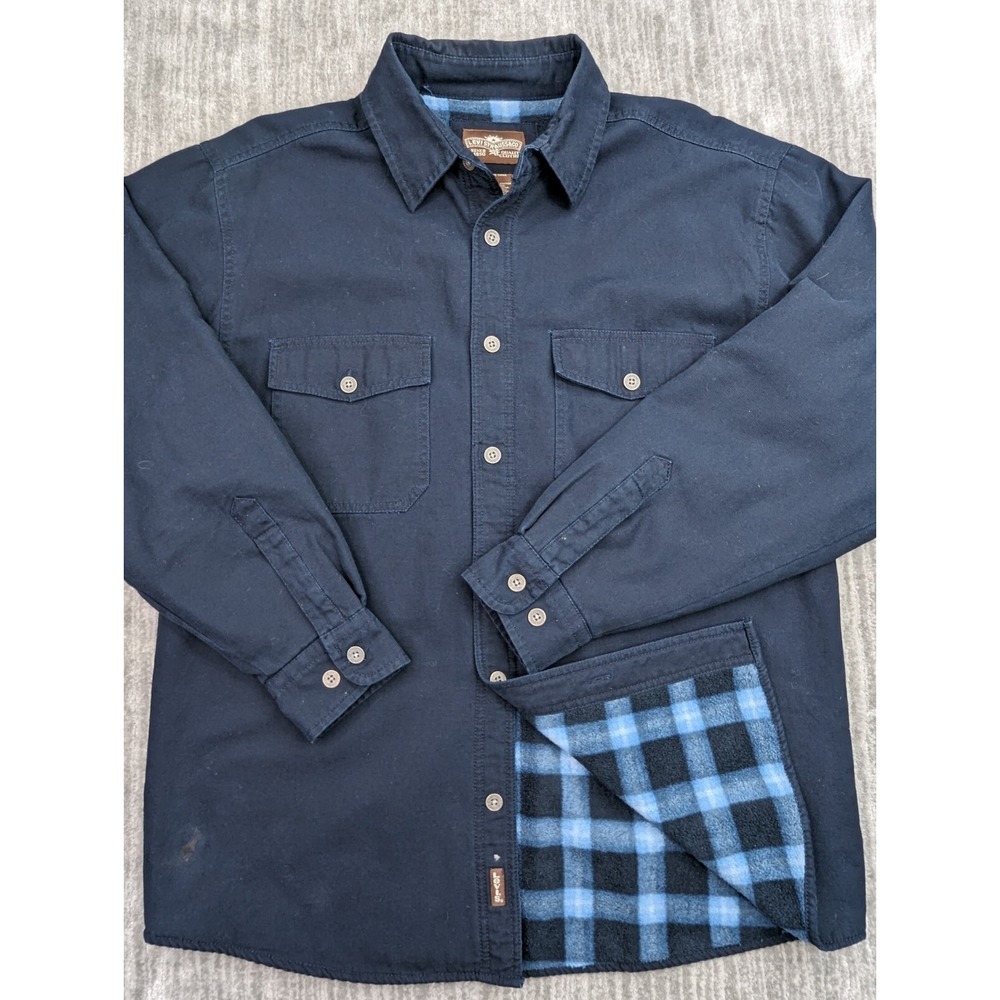 Levis Shirt Jacket Mens Large Navy Fleece Lined Plaid Button Up Shacket Chore